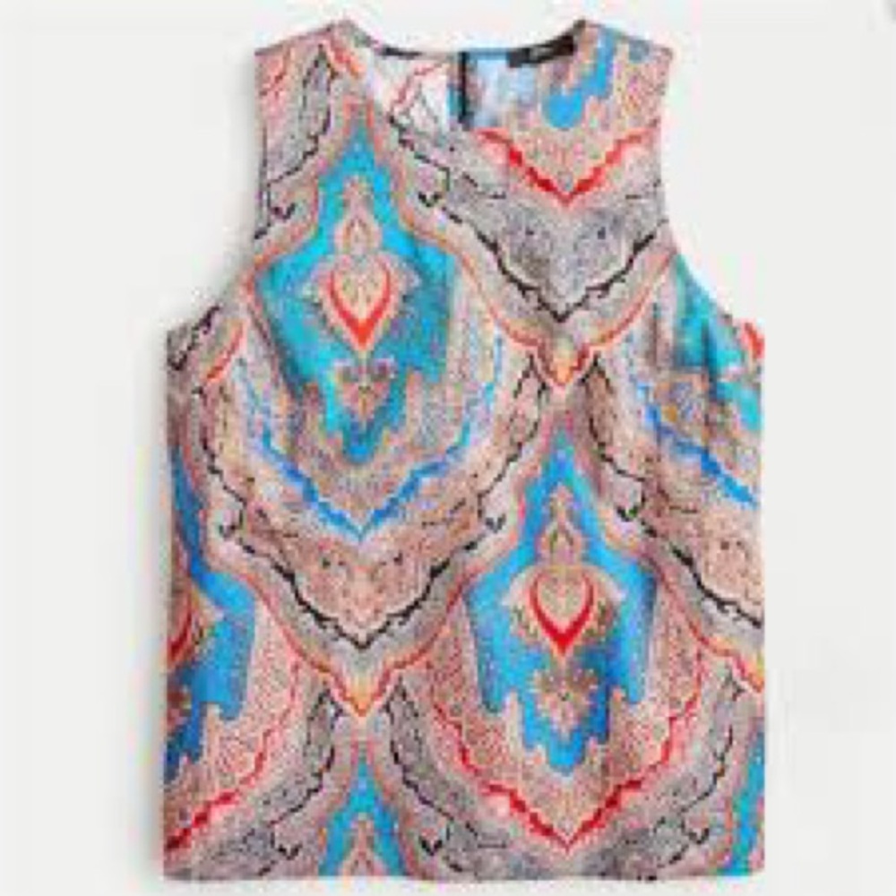 J. Crew Silk Blend Paisley Sleeveless Blouse Sz M Blue Pink Statement Top